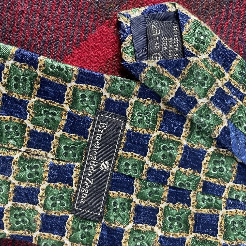 Ermenegildo Zegna Tie Mens One Size Blue Green Silk Jacquard Check Italy